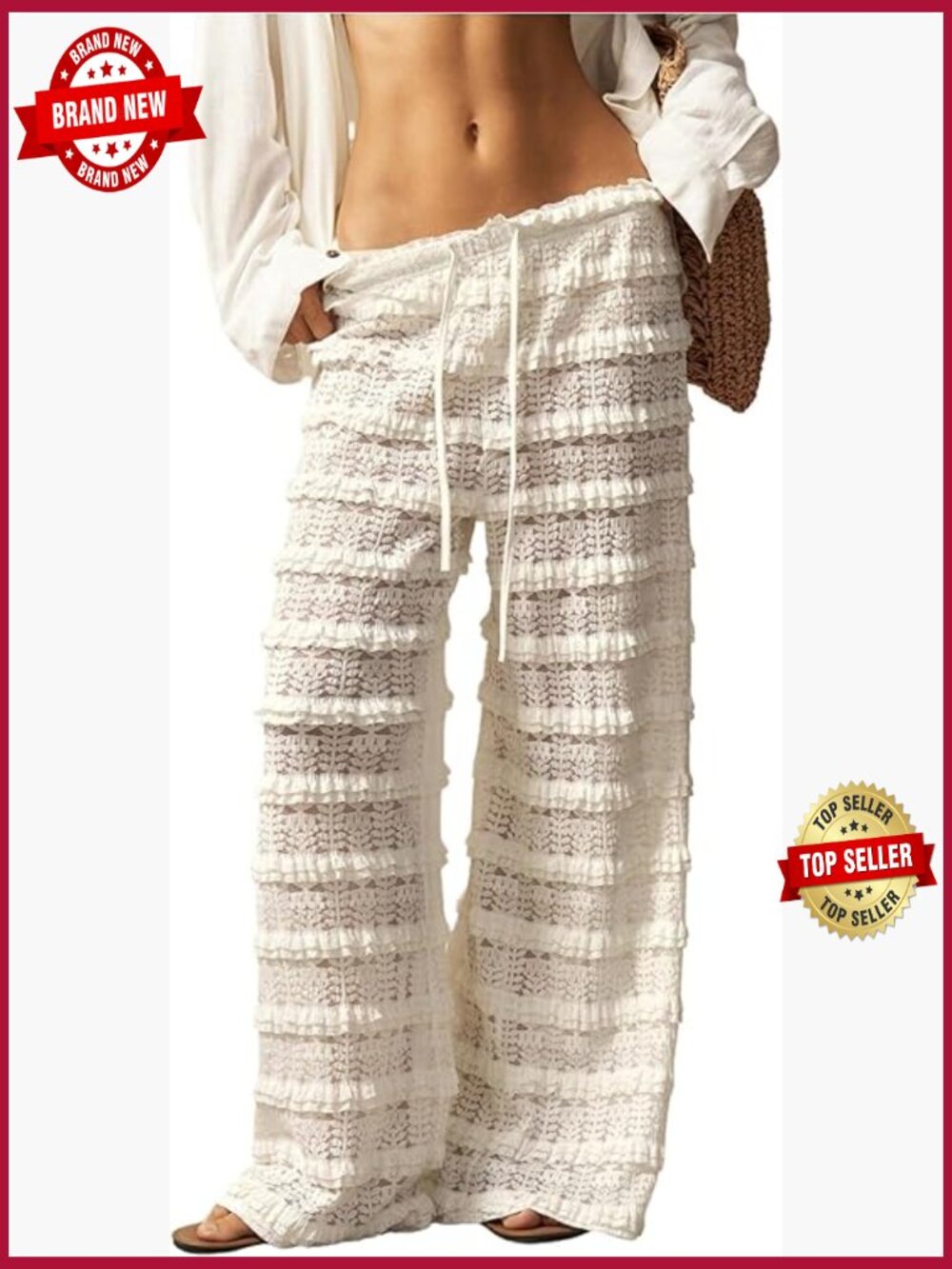 Crochet Lace Pants Ruffle Elastic Waist Mesh Bathing Suit Cover Up Beach Pants